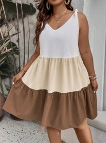 SHEIN LUNE 大碼撞色肩上打結荷葉邊洋裝 - 彩色 - 查看 4