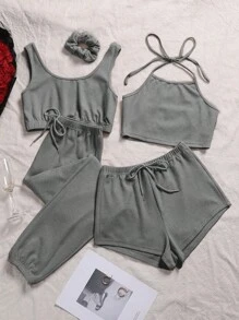 5 chiếc áo ba lỗ trơn & áo hai dây & quần short buộc phía trước & quần dài & dây buộc tóc - Xám - Xem 1