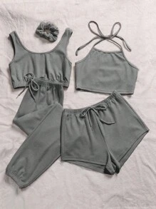5 chiếc áo ba lỗ trơn & áo hai dây & quần short buộc phía trước & quần dài & dây buộc tóc - Xám - Xem 5