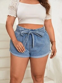 SHEIN Essnce 大碼卷邊腰帶牛仔短褲 - 淺色水洗藍 - 查看 1