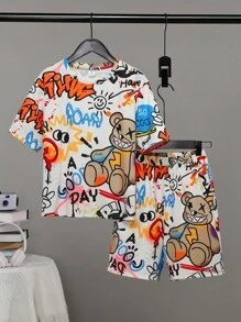 SHEIN Leap Crew Tween Boy Basic Bear Graffiti All Over Print T-Shirt And Shorts Set With Bear Graffiti Elements - Multicolor - View 1