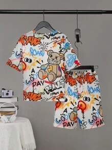 SHEIN Leap Crew Tween Boy Basic Bear Graffiti All Over Print T-Shirt And Shorts Set With Bear Graffiti Elements - Multicolor - View 2