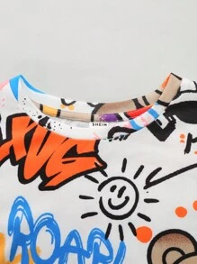 SHEIN Leap Crew Tween Boy Basic Bear Graffiti All Over Print T-Shirt And Shorts Set With Bear Graffiti Elements - Multicolor - View 4