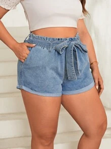 SHEIN Essnce 大碼卷邊腰帶牛仔短褲 - 淺色水洗藍 - 查看 2