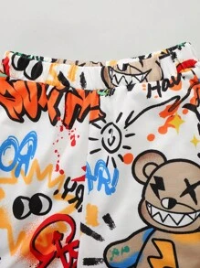 SHEIN Leap Crew Tween Boy Basic Bear Graffiti All Over Print T-Shirt And Shorts Set With Bear Graffiti Elements - Multicolor - View 6