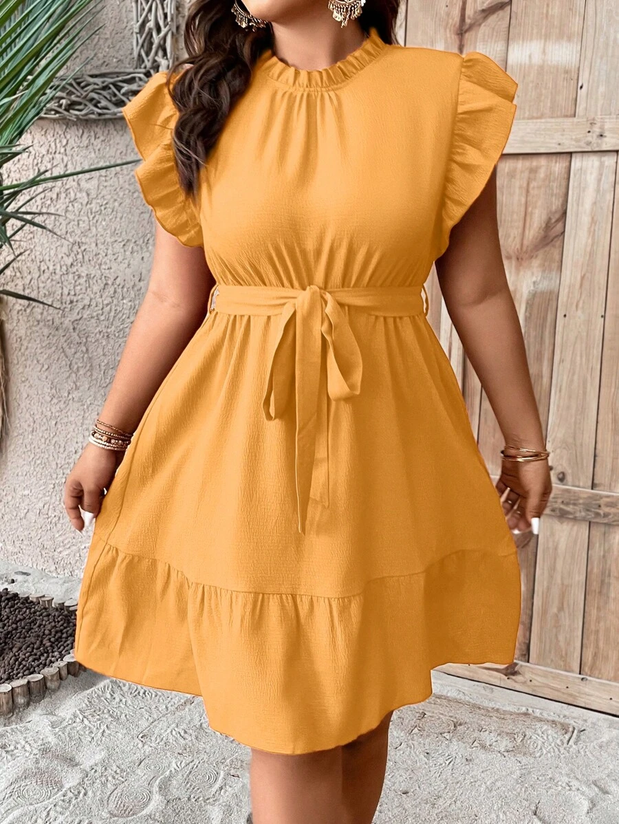 SHEIN Clasi Plus Frill Neck Ruffle Hem Belted Dress - Yellow - View 1