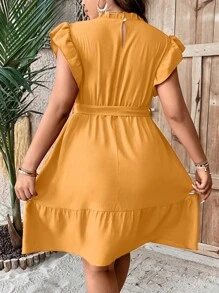 SHEIN Clasi Plus Frill Neck Ruffle Hem Belted Dress - Yellow - View 2
