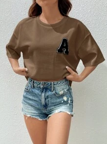 SHEIN EZwear Áo thun nữ Đắp vá Lá thư Giải trí - Cà phê nâu - Xem 7