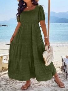 Plus Square Neck Puff Sleeve Ruffle Hem Dress Women Outfit - Army Green - View 1