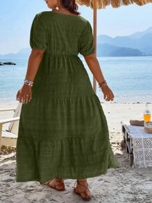 Plus Square Neck Puff Sleeve Ruffle Hem Dress Women Outfit - Army Green - View 2