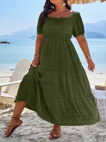Plus Square Neck Puff Sleeve Ruffle Hem Dress Women Outfit - Army Green - View 3