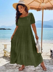 Plus Square Neck Puff Sleeve Ruffle Hem Dress Women Outfit - Army Green - View 4