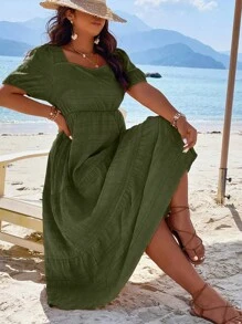 Plus Square Neck Puff Sleeve Ruffle Hem Dress Women Outfit - Army Green - View 5