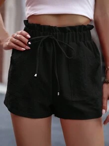 Calvaya Plus Paperbag Waist Knot Front Shorts - Black - View 4