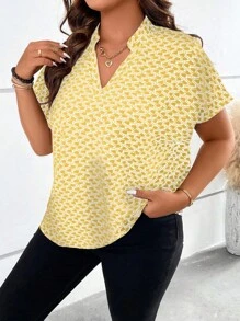 Calvaya 大碼滿版印花蝙蝠袖四分之一無紐扣開襟襯衫 - 黃色 - 查看 3