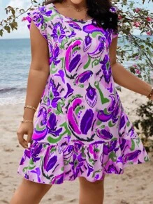 SHEIN Holidaya 大碼可愛揉皺 荷葉邊全身印花連衣裙 - 紫色 - 查看 1
