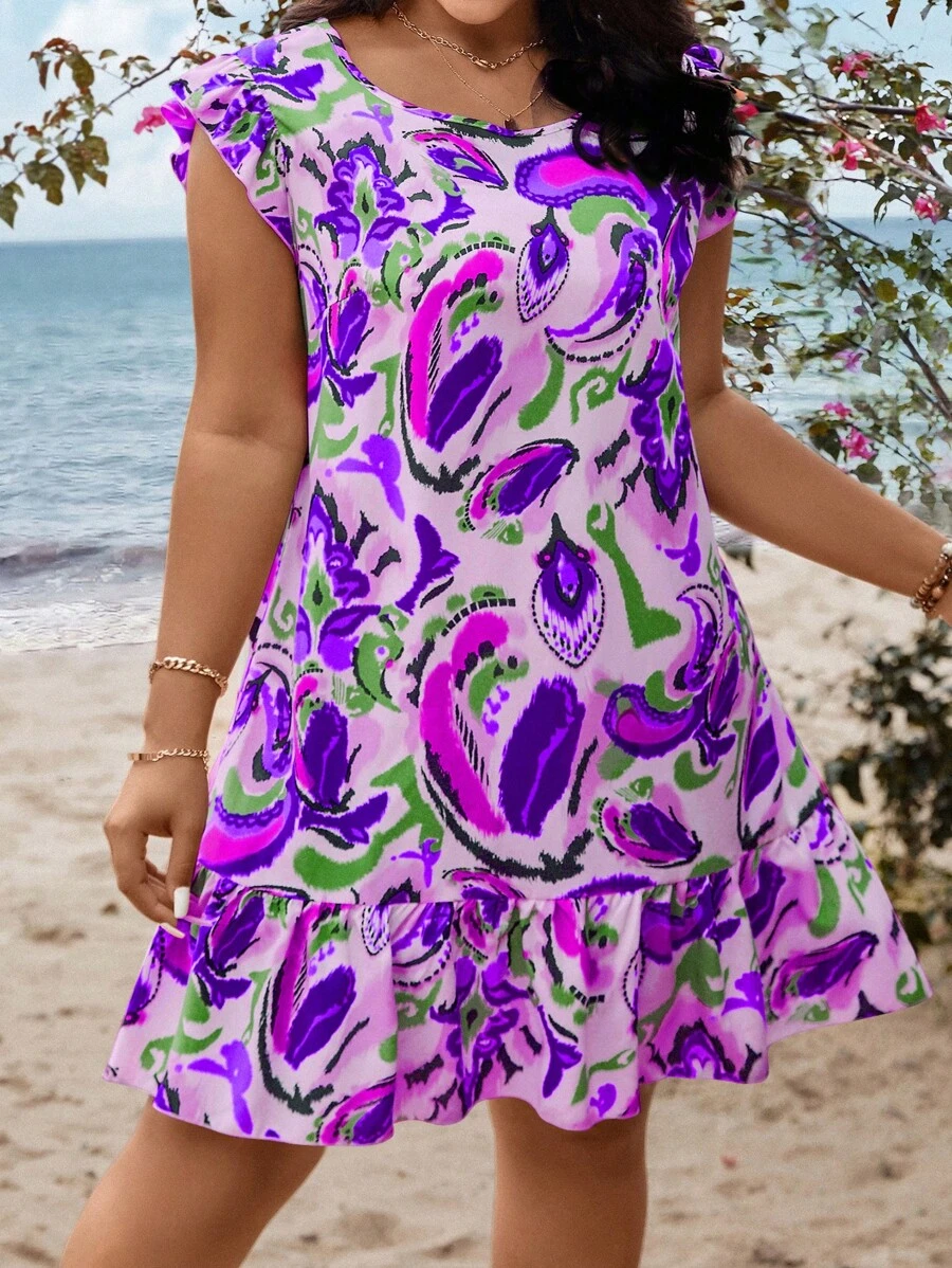 SHEIN Holidaya 大碼可愛揉皺 荷葉邊全身印花連衣裙 - 紫色 - 查看 1