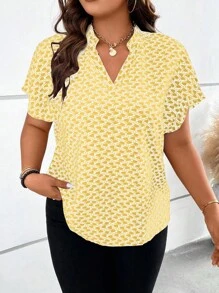 Calvaya 大碼滿版印花蝙蝠袖四分之一無紐扣開襟襯衫 - 黃色 - 查看 5