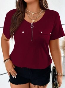 SHEIN MOOSTA 加大半拉链翻盖细节半拉链 T 恤 - 酒紅色 - 查看 3