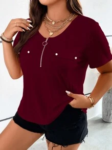 SHEIN MOOSTA 加大半拉链翻盖细节半拉链 T 恤 - 酒紅色 - 查看 4