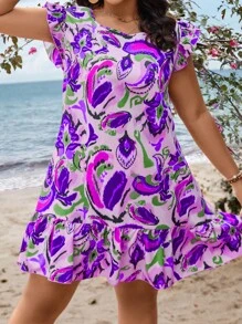 SHEIN Holidaya 大碼可愛揉皺 荷葉邊全身印花連衣裙 - 紫色 - 查看 3