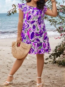 SHEIN Holidaya 大碼可愛揉皺 荷葉邊全身印花連衣裙 - 紫色 - 查看 5