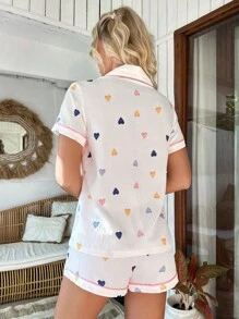 Heart Print Contrast Binding PJ Set / Pajama Set White Set Bridallingerie - White - View 2