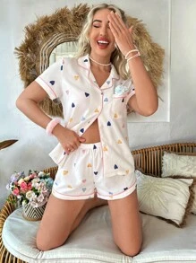 Heart Print Contrast Binding PJ Set / Pajama Set White Set Bridallingerie - White - View 6