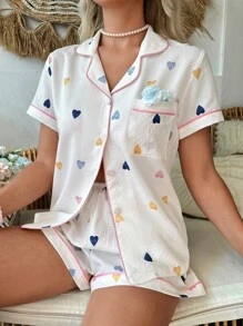 Heart Print Contrast Binding PJ Set / Pajama Set White Set Bridallingerie - White - View 3