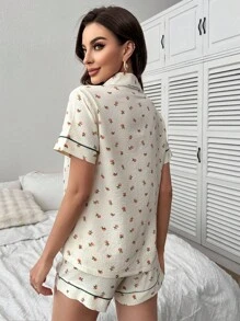 印花拼接滾邊睡衣套裝 - 米色 - 查看 2