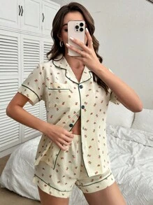 印花拼接滾邊睡衣套裝 - 米色 - 查看 3