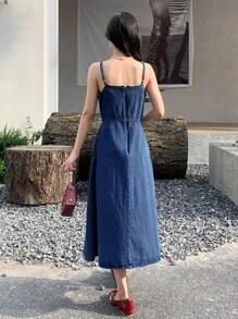 DAZY Solid Zip Back Cami Denim Dress - Dark Wash - View 2