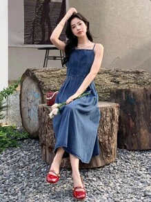 DAZY Solid Zip Back Cami Denim Dress - Dark Wash - View 3
