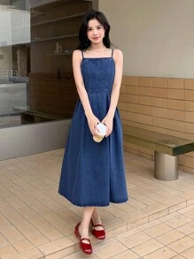 DAZY Solid Zip Back Cami Denim Dress - Dark Wash - View 4