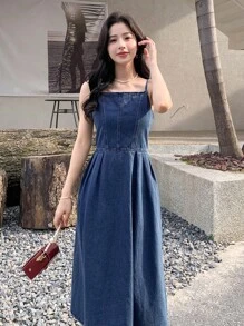 DAZY Solid Zip Back Cami Denim Dress - Dark Wash - View 5