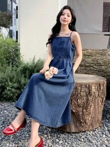 DAZY Solid Zip Back Cami Denim Dress - Dark Wash - View 7