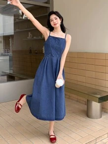 DAZY Solid Zip Back Cami Denim Dress - Dark Wash - View 8