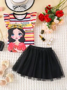 SHEIN Toddler Girls Striped & Figure Graphic Ruffle Trim Tee & Mesh Overlay Skirt - Multicolor - View 1