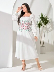 Mulvari Plus Floral Print Square Neck Lantern Sleeve Dress - White - View 1