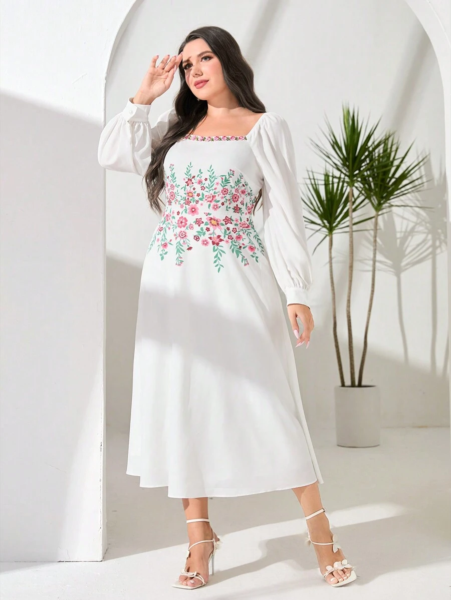 Mulvari Plus Floral Print Square Neck Lantern Sleeve Dress - White - View 1