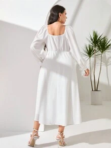 Mulvari Plus Floral Print Square Neck Lantern Sleeve Dress - White - View 2