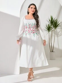 Mulvari Plus Floral Print Square Neck Lantern Sleeve Dress - White - View 3