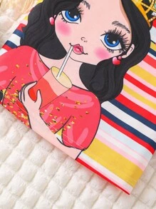 SHEIN Toddler Girls Striped & Figure Graphic Ruffle Trim Tee & Mesh Overlay Skirt - Multicolor - View 3