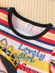 SHEIN Toddler Girls Striped & Figure Graphic Ruffle Trim Tee & Mesh Overlay Skirt - Multicolor - View 7