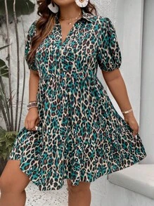 SHEIN LUNE Đầm Plus Size Nút phía trước Tất cả trên in Giải trí - Màu be - Xem 3