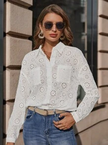 SHEIN LUNE Shirt mit Öse Stickerei, Knopf vorne, - Weiss - Übersicht 3