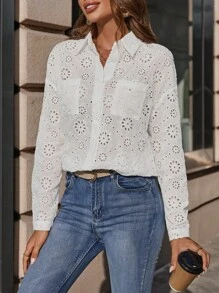 SHEIN LUNE Shirt mit Öse Stickerei, Knopf vorne, - Weiss - Übersicht 6