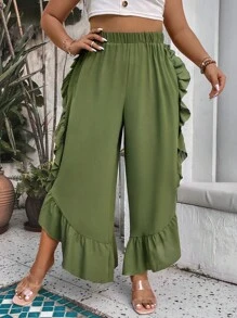 SHEIN Holidaya Plus Ruffle Trim Tulip Hem Pants - Army Green - View 1