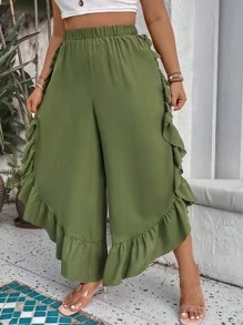 SHEIN Holidaya Plus Ruffle Trim Tulip Hem Pants - Army Green - View 3
