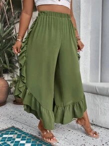 SHEIN Holidaya Plus Ruffle Trim Tulip Hem Pants - Army Green - View 4